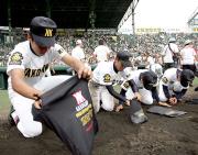敗れた加古川北ナインは砂をひろう(撮影・梅根麻紀)