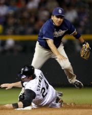 ロッキーズ戦の4回、二封し一塁へ送球パドレス・井口(AP=共同)