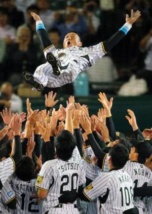 引退セレモニーで胴上げされ宙を舞う金本（撮影・宮崎幸一）