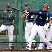 岡田監督(左後方)の前で鋭い打球を飛ばす岡田貴弘(撮影・岡潤一)