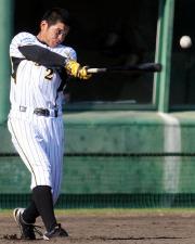 鋭い目つきでロングティーを行う柴田(撮影・河南真一)