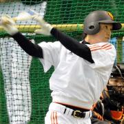 フリー打撃を行う松本（撮影・松本俊）