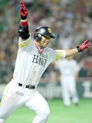 １１回裏２死満塁、松中はサヨナラ打を放ち両手を大きく広げバンザイする
