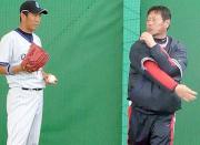 吉見（左）にフォームのアドバイスする尾花監督