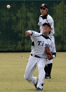 シートノックを受け送球する金本。後方は田上（撮影・桜井希望）