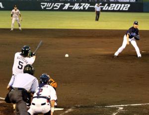 2回裏全パ2死、三浦の放ったスローボールを空振りする松田(撮影・狩俣裕三)