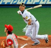 6回裏、前田健から金本は右越えソロ本塁打を放つ