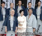 ヒット祈願に浅草寺を訪れたマキノ(津川)雅彦監督(前列左)ら出演者