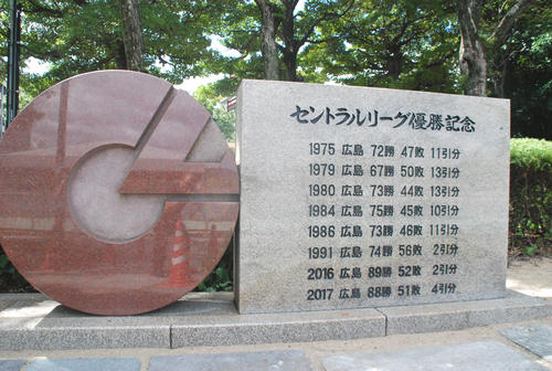 「勝鯉（しょうり）の森」にある広島カープの「セントラルリーグ優勝記念碑」（撮影・松浦隆司）