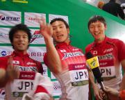 男子4×100メートルリレーを制した日本チーム(撮影・折山淑美)