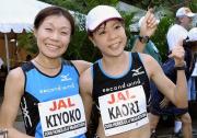 ホノルル・マラソンの女子で優勝した嶋原清子(左)と2位の吉田香織(共同)