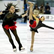 髪を振り乱しながら演技する安藤美姫(左)スパイラルを披露する浅田真央