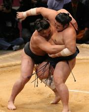 素早い動きで琴光喜（右）を破り２敗を守った安馬（撮影・山岸満）