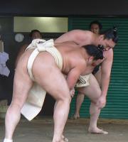 白鵬（右）の胸に頭をつけて抵抗する日馬富士（撮影・柳田通斉）