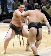 白鵬が寄り切りで千代大海を下す（共同）