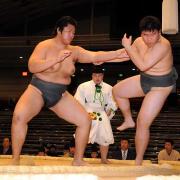 前相撲で原を突き出し、白星デビューを飾った達（撮影・岡本肇）