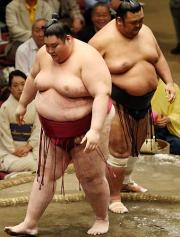 市原（右）を押し出した山本山。巨漢対決を制し、勝ち越しを決めた
