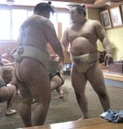 朝青龍(右)はけいこ後、あいさつにした豪栄道と握手を交わす