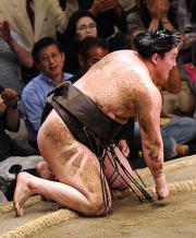 琴欧洲に上手投げで敗れ連勝が33でストップし悔しげな顔の白鵬