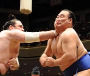 阿覧の張り手を顔面に受ける高見盛(撮影・岡本肇)