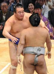 寄り切った垣添をじっと見つめる高見盛（撮影・多田篤）