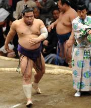 片山(左)は千代白鵬を押し出しで破る(撮影・柴田隆二)
