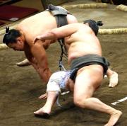 旭日松(左)を逆転のはたき込みで下した青馬(撮影・鈴木豊)