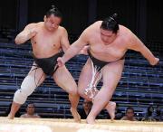 雷虎(右)を破り序ノ口優勝を決めた若駿河（撮影・水谷安孝）