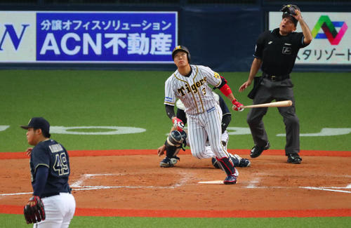 大山悠輔は右飛に倒れ、生還を狙った木浪聖也も右翼後藤駿太からのストライク返球でタッチアウト(撮影・宮崎幸一)
