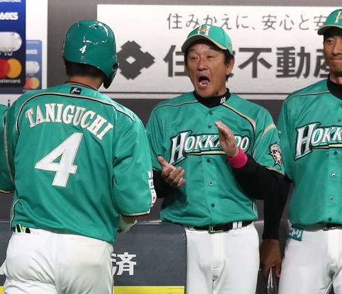 日本ハム対西武　7回裏、2点本塁打を放った谷口を出迎える栗山監督（撮影・黒川智章）