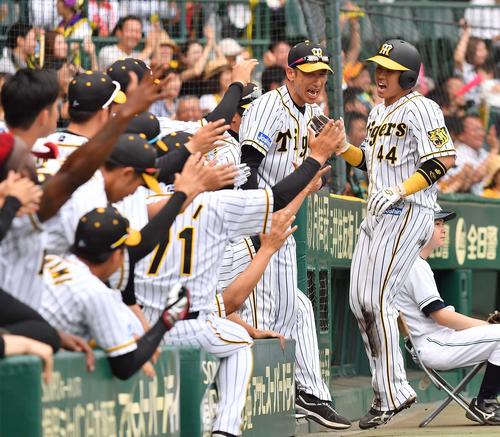 阪神対日本ハム　7回裏阪神1死二塁、三塁盗塁から相手悪送球で生還した梅野は矢野監督と雄たけびをあげながらハイタッチする（撮影・上田博志）
