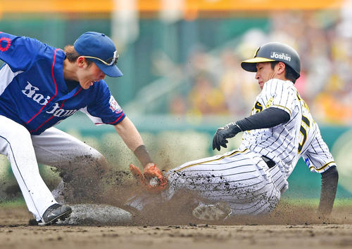 4回裏阪神無死一塁、二盗を決める近本。遊撃手源田（撮影・清水貴仁）