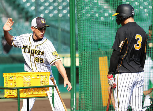 練習で矢野燿大監督（左）は大山悠輔を指導する（撮影・上山淳一）