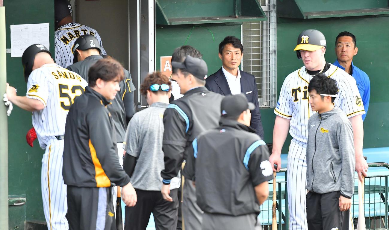 打撃練習を終えたボーア（右から2人目）とサンズ（左）を見つめた桧山進次郎氏（中央）（撮影・上田博志）