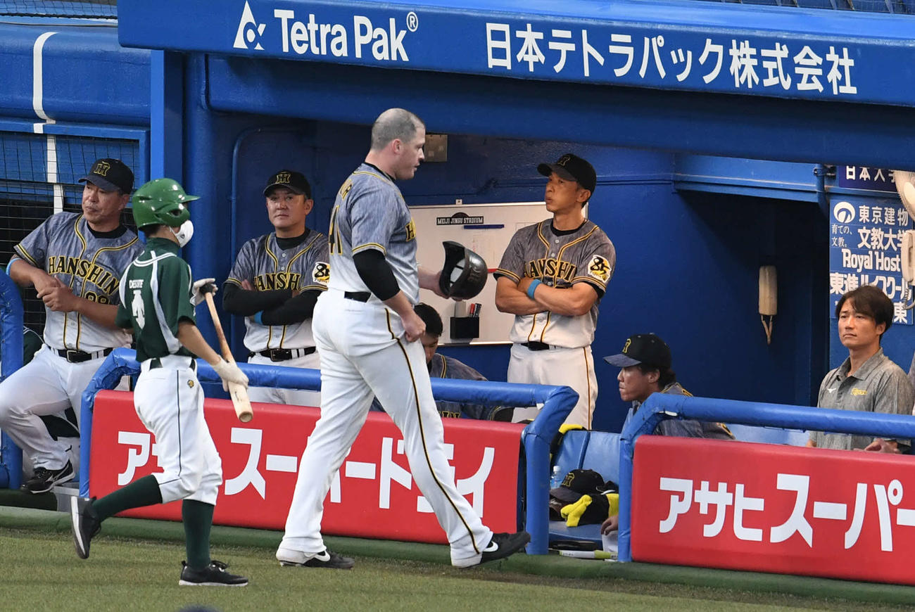 6月23日、凡退しベンチに戻るボーア（中央左）。中央は腕組みする矢野監督