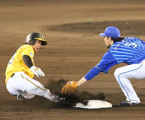 6回裏阪神無死一、三塁、打者サンズの時、二盗を決める島田。右は二塁手倉本（撮影・上山淳一）