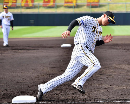 ベースランニングをする阪神佐藤輝明(撮影・上田博志)