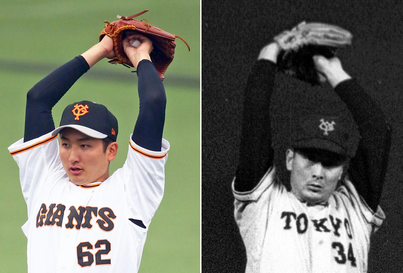 巨人横川（左）と現役時代の金田正一
