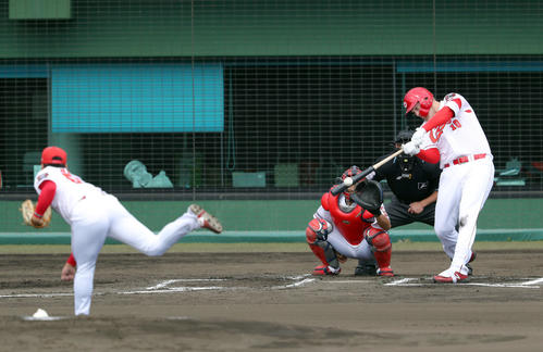 シート打撃で広島田中法から左前打を放つクロン（撮影・前田充）
