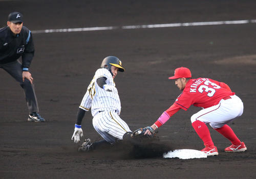 阪神対広島　1回裏阪神2死一塁、糸原は二盗を決める。右は菊池涼（撮影・上山淳一）