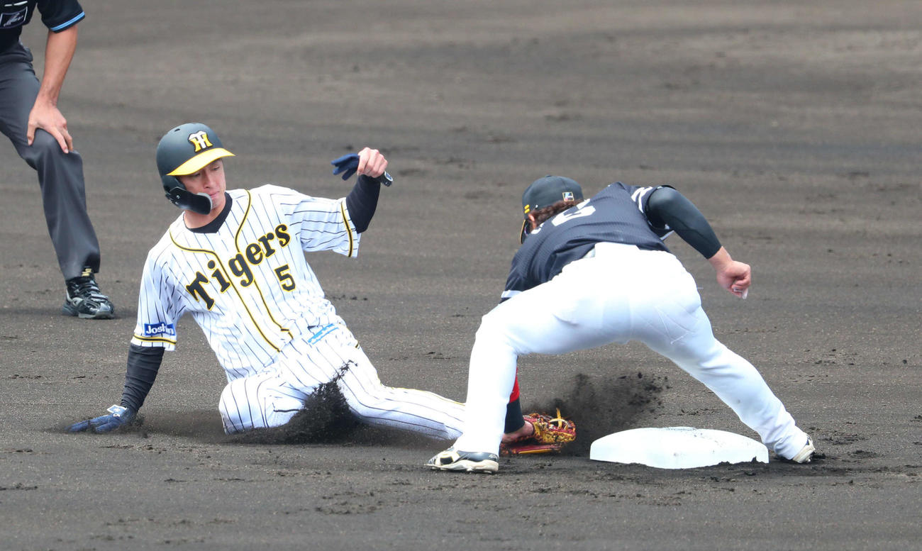 阪神対ソフトバンク　1回裏阪神無死一塁、打者北條の時、二盗を試みた近本はタッチアウト（撮影・宮崎幸一）