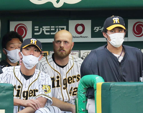 9回裏、厳しい表情で阪神の攻撃を見つめる、左2人目から伊藤将、エドワーズ、藤浪（撮影・前田充）