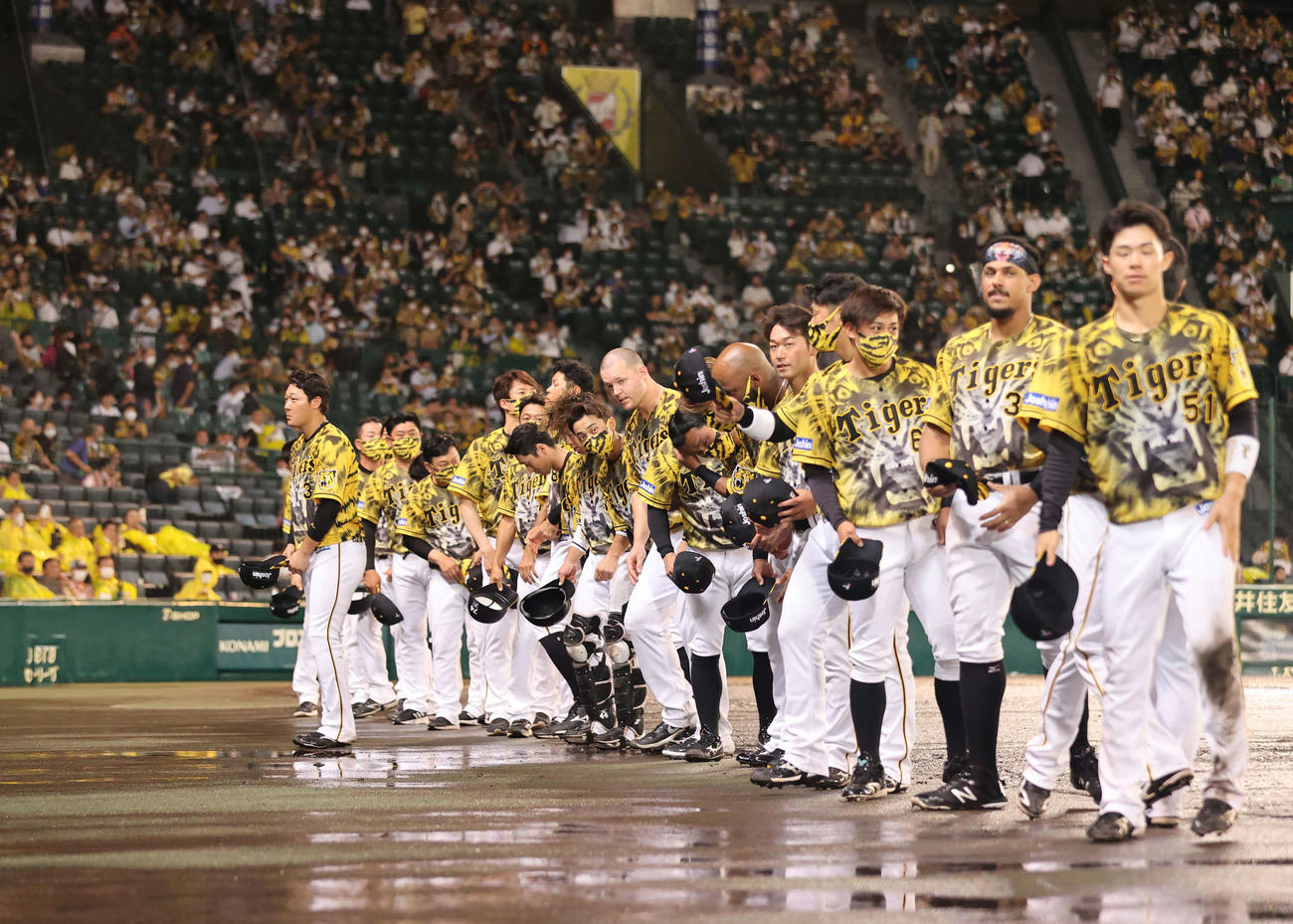 阪神対巨人　降雨コールド勝ちでファンにあいさつする阪神ナイン（撮影・清水貴仁）