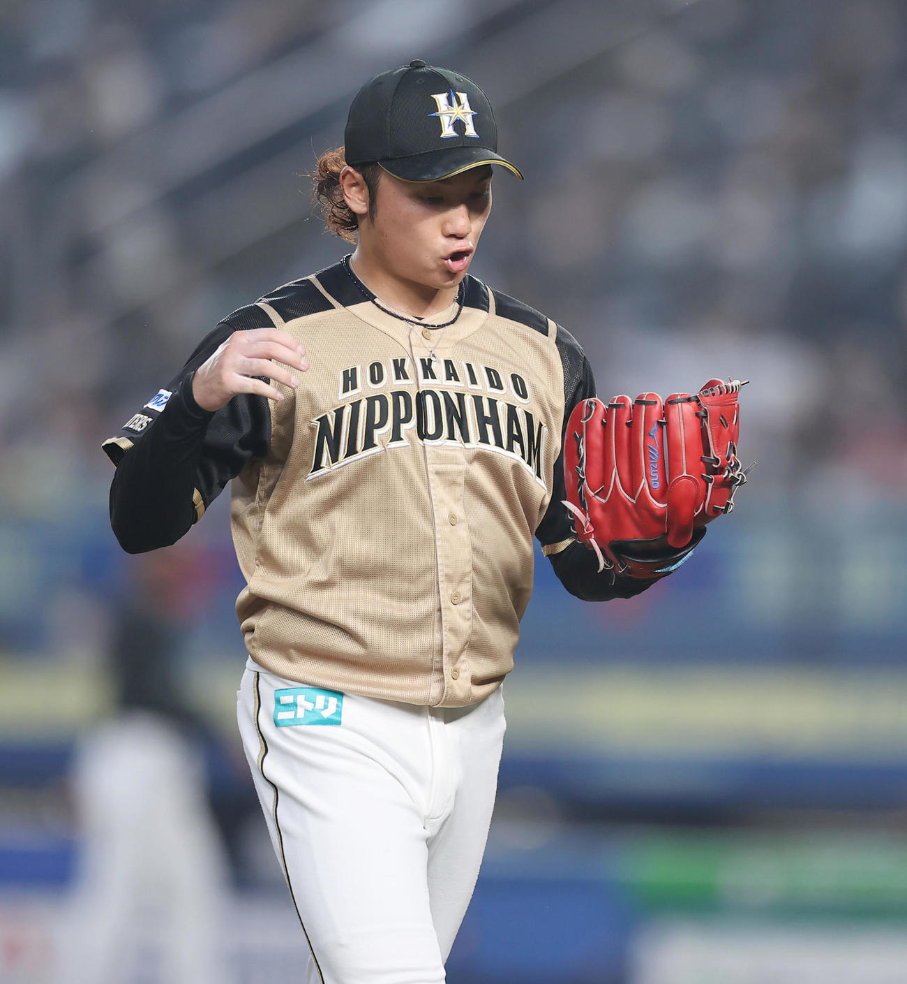 ロッテ対日本ハム　3回裏ロッテの攻撃を無失点に抑え力強くグラブをたたく日本ハム先発の伊藤（撮影・垰建太）