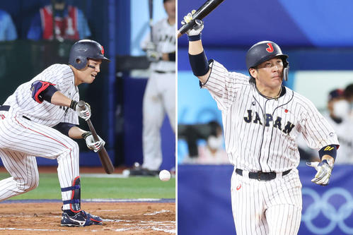 2日の準々決勝米国戦、10回裏に送りバントを決めた栗原陵矢（左）とサヨナラ打を放った甲斐拓也