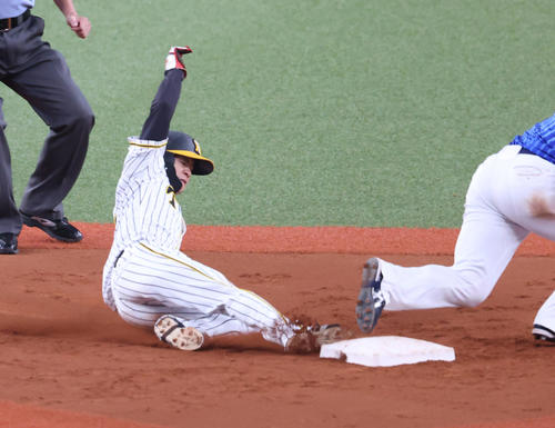 阪神対DeNA 3回裏阪神無死一、三塁、打者サンズの時、二盗を決める中野（撮影・清水貴仁）