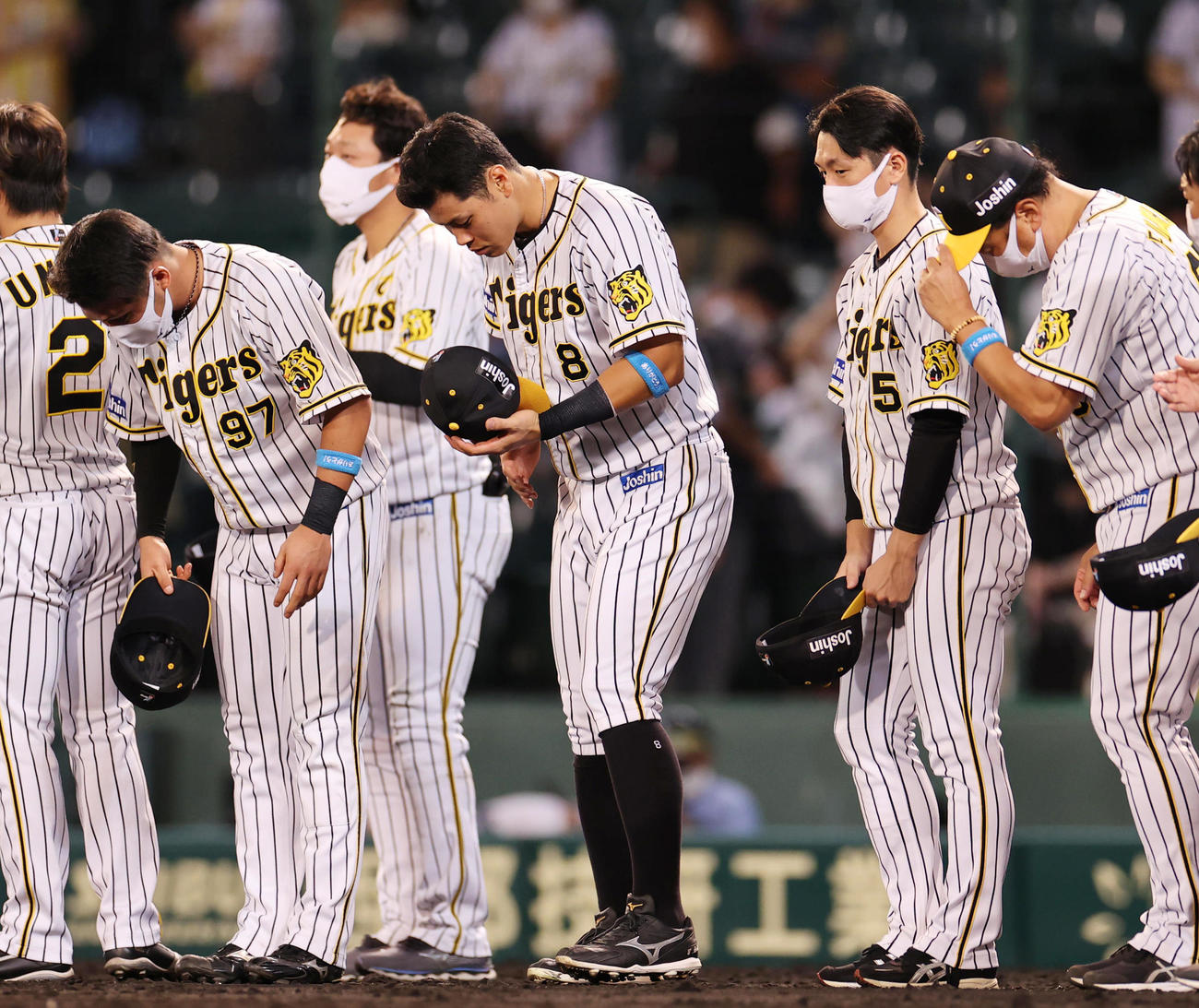 阪神対ヤクルト　試合後、ファンにあいさつする阪神佐藤輝（中央）ら阪神の選手たち（撮影・清水貴仁）