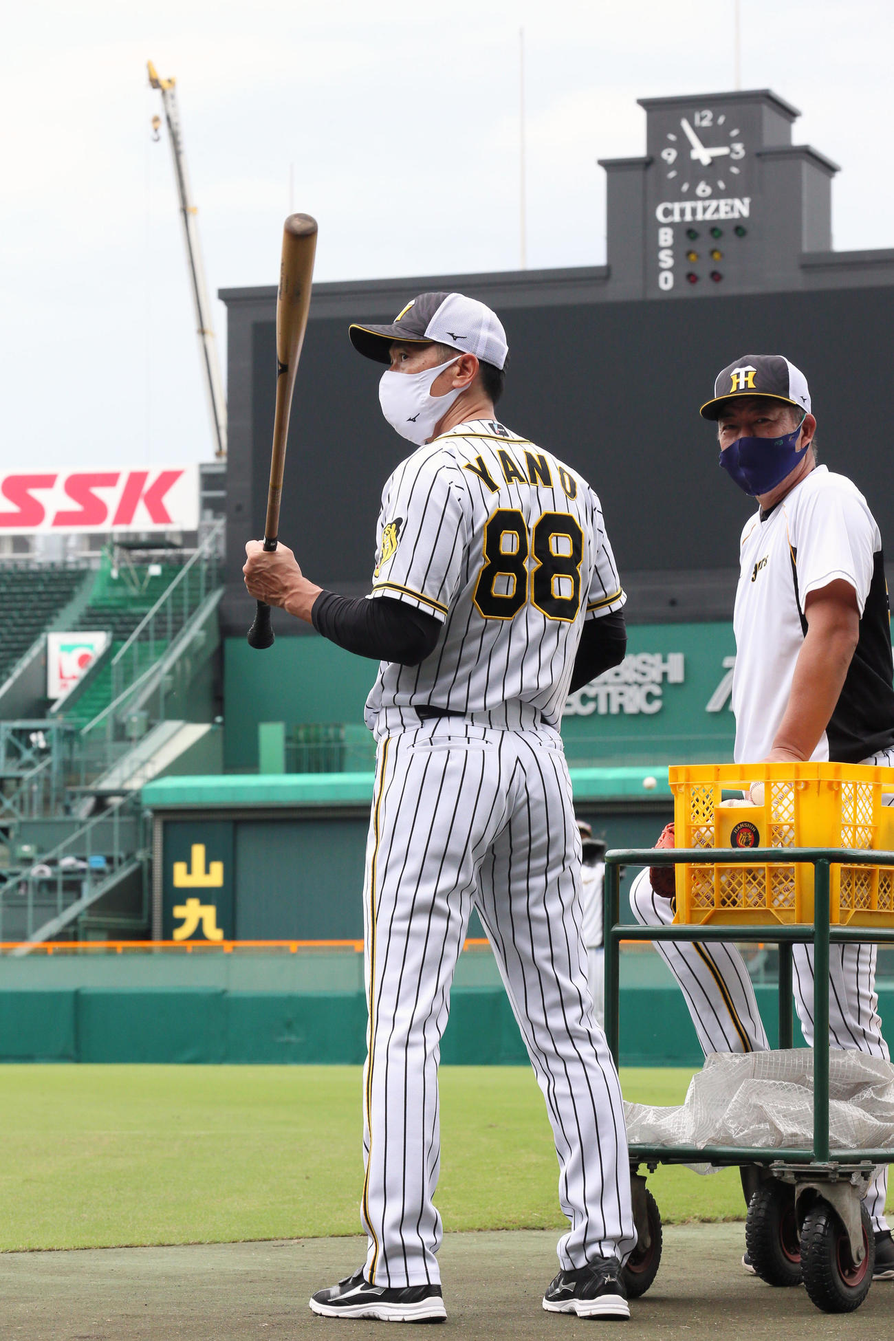 阪神対中日　台風の影響で試合が中止となり、グラウンドを眺める阪神矢野監督（左）と井上ヘッドコーチ（撮影・上山淳一）