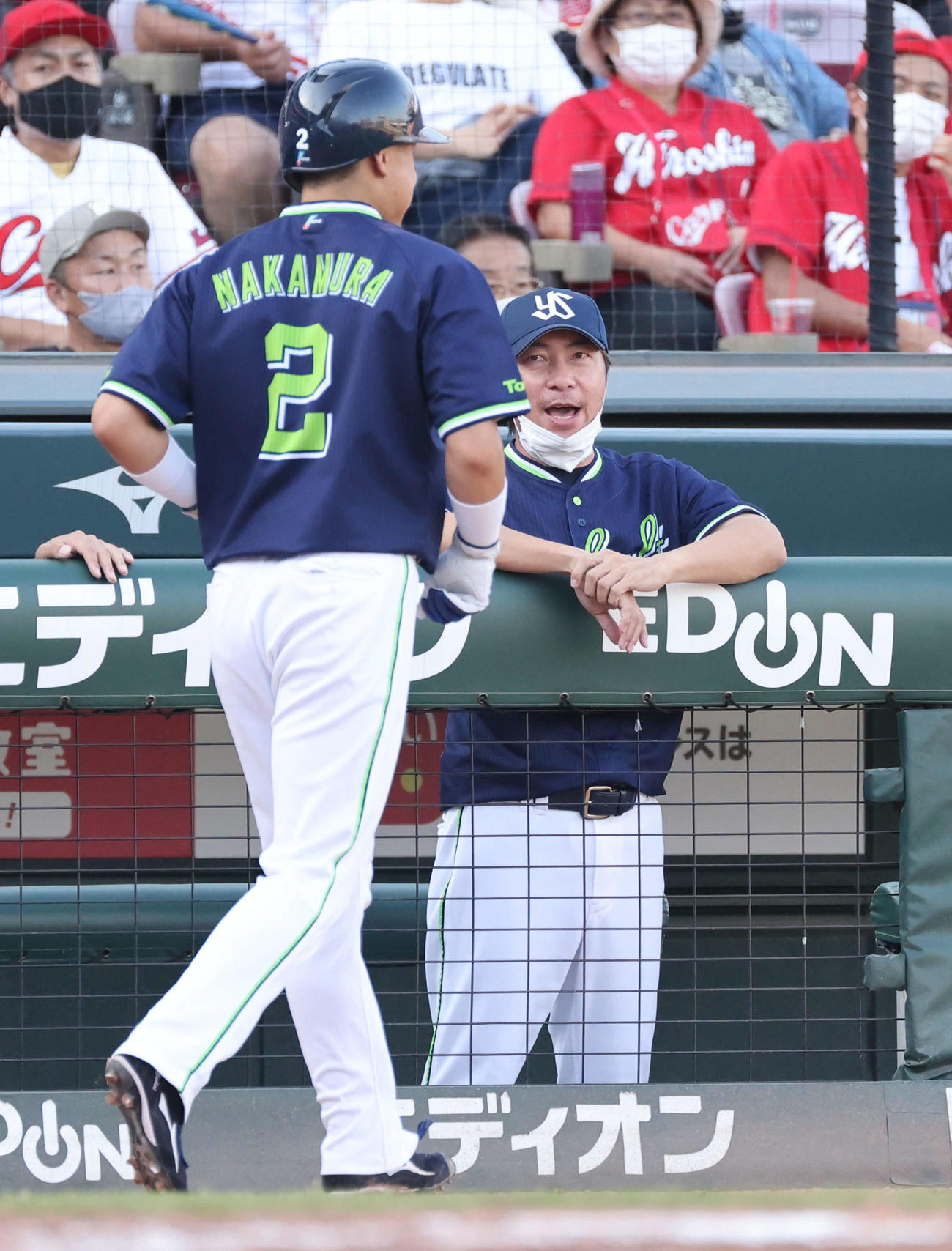 広島対ヤクルト　8回表ヤクルト2死二、三塁、サンタナの勝ち越しの2点適時打で生還した中村を迎える高津監督（撮影・加藤孝規）