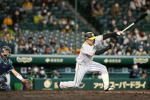 阪神対ヤクルト　8回裏阪神1死、大山は左前打を放つ（撮影・上山淳一）